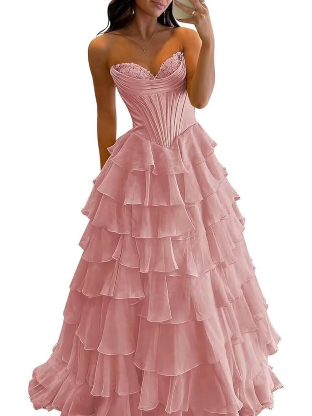 Romantic Strapless Pink Ruffled Ball Gown